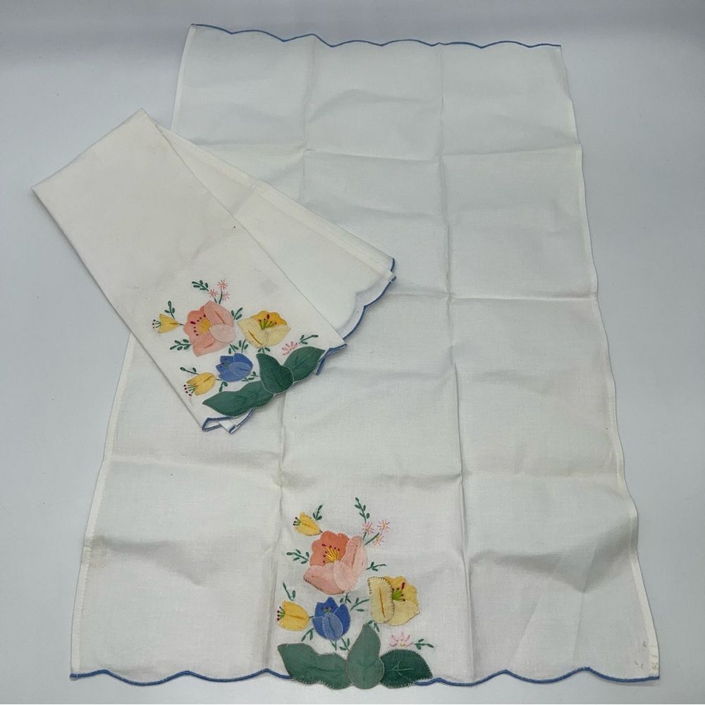 Floral Embroidered Table Linens - White with Multicolor Accents